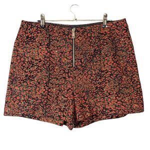 ZARA Basics High Rise Floral Jacquard Shorts Front Zip Red Black Size Large